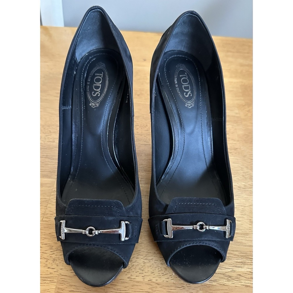 Tod's Black Suede Open-toe Pumps Metal Bit Accent & Wooden Heel Size 36 US 6
